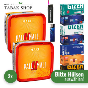 Pall Mall Volumentabak (2 x 310g) + 1.000 Hülsen (wählbar) + 1 Sturmfeuerzeug + 1 Feuerzeug