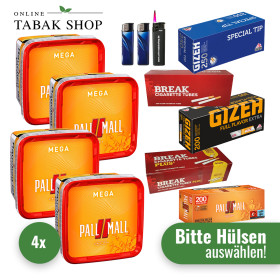4x PALL MALL Allround Red Tabak 145g + 1000 Hülsen (Sorte wählbar) + 1 Sturmfeuerzeug + 2 Feuerzeuge