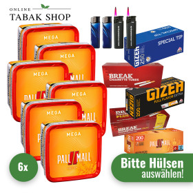 6x PALL MALL Allround Red Tabak 145g + 2000 Hülsen (Sorte wählbar) + 2 Sturmfeuerzeuge + 2 Feuerzeuge