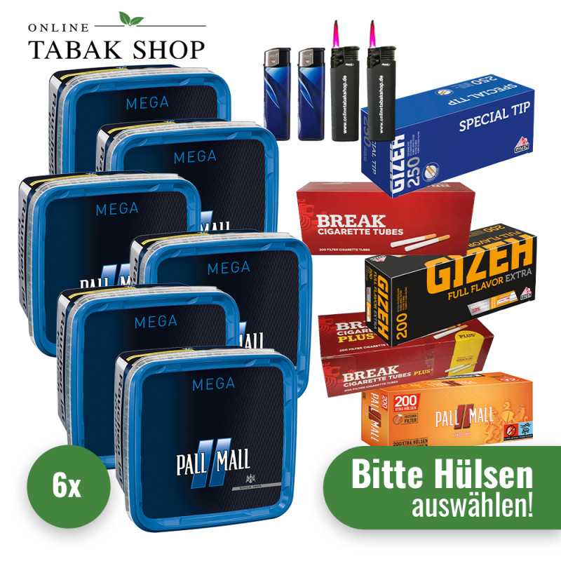 Pall Mall Blue Tabak Mega (6 x 120g) + 2.000 Hülsen (wählbar) + 2 Sturmfeuerzeuge + 2 Feuerzeuge