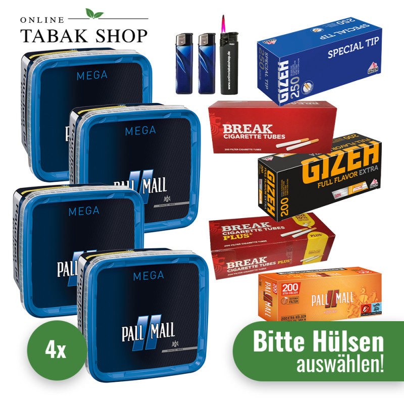 Pall Mall Blue Tabak Mega (4 x 120g) + 1.000 Hülsen (wählbar) + 1 Sturmfeuerzeug + 2 Feuerzeuge