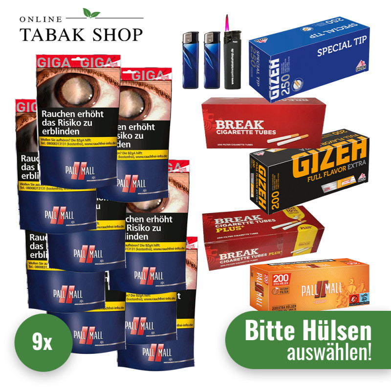 Pall Mall Red Tabak Giga (9 x 100g) + 2.000 Hülsen (wählbar) + 1 Sturmfeuerzeug + 2 Feuerzeuge