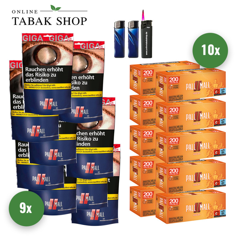 Pall Mall Red Tabak Giga (9 x 100g) + 2.000 Pall Mall Allround Orange + 1 Sturmfeuerzeug + 2 Feuerzeuge