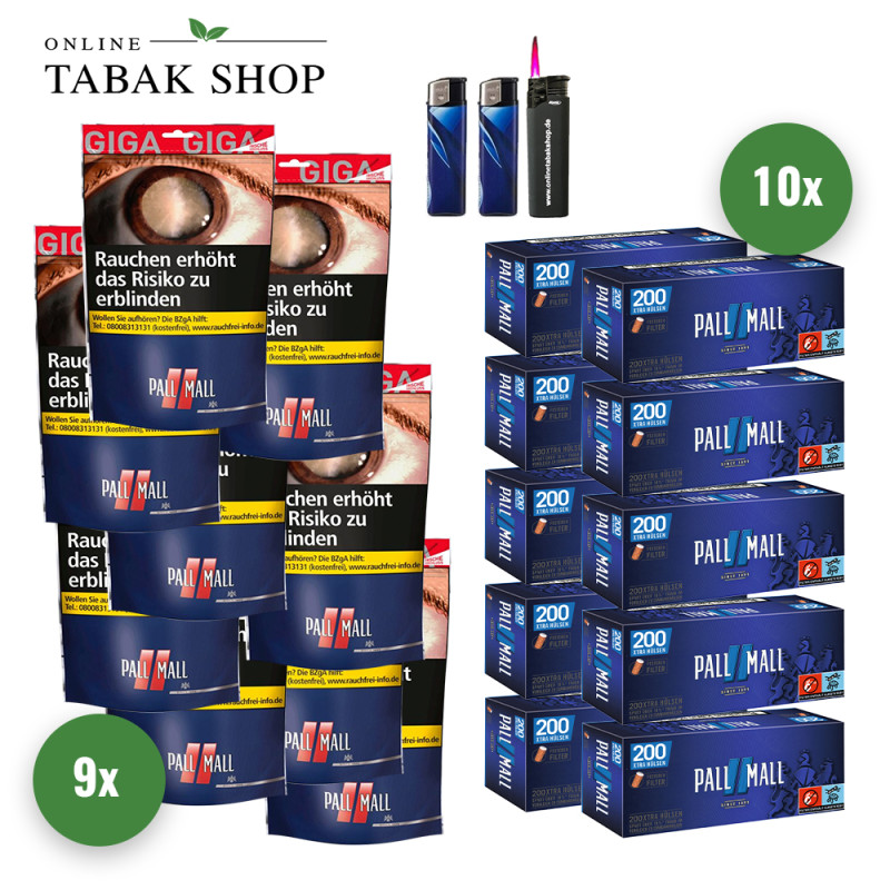 Pall Mall Red Tabak Giga (9 x 100g) + 2.000 Pall Mall Blau + 1 Sturmfeuerzeug + 2 Feuerzeuge