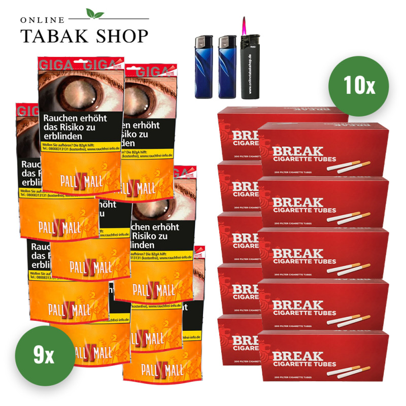 Pall Mall Allround Red Tabak Giga (9 x 100g) + 2.000 Break Hülsen + 1 Sturmfeuerzeug + 2 Feuerzeuge