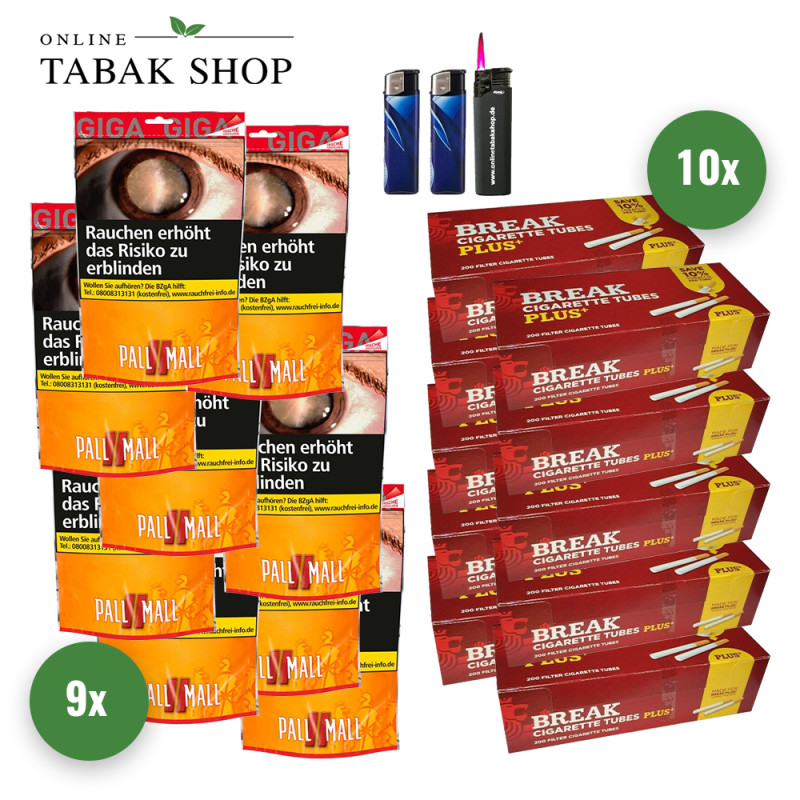 Pall Mall Allround Red Tabak Giga (9 x 100g) + 2.000 Break Plus Hülsen + 1 Sturmfeuerzeug + 2 Feuerzeuge
