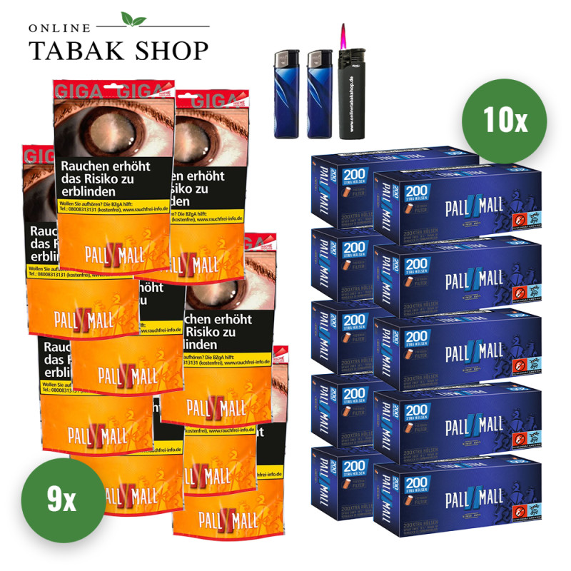 Pall Mall Allround Red Tabak Giga (9 x 100g) + 2.000 Pall Mall Blau Hülsen + 1 Sturmfeuerzeug + 2 Feuerzeuge