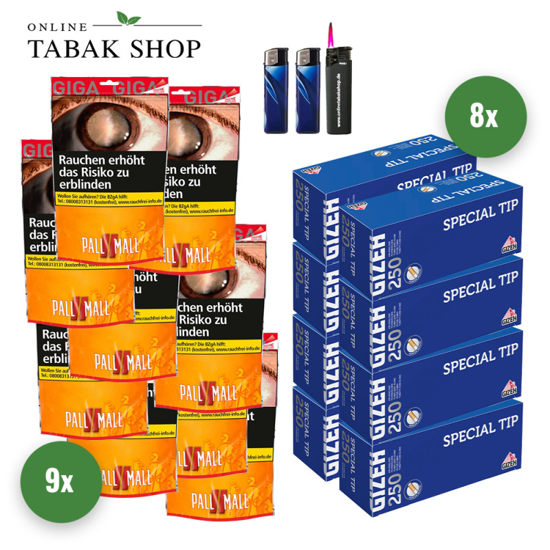 Pall Mall Allround Red Tabak Giga (9 x 100g) + 2.000 Gizeh Special Tip Hülsen + 1 Sturmfeuerzeug + 2 Feuerzeuge