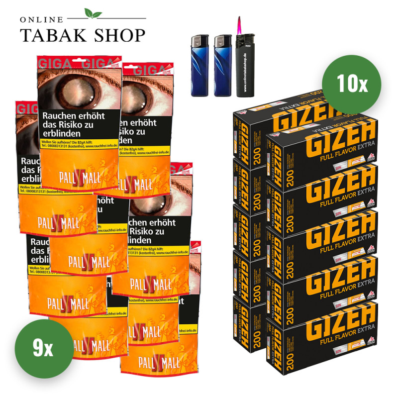 Pall Mall Allround Red Tabak Giga (9 x 100g) + 2.000 Gizeh Full Flavor Extra Hülsen + 1 Sturmfeuerzeug + 2 Feuerzeuge