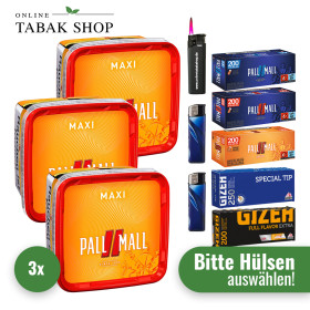 Pall Mall Volumentabak (3 x 310g) + 2.000 Hülsen (wählbar) + 1 Sturmfeuerzeug + 2 Feuerzeuge