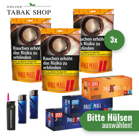 Pall Mall Allround Tabak Super (3 x 133g) + 1.000 Pall Mall Xtra Hülsen + 1 Sturmfeuerzeug + 1 Feuerzeug