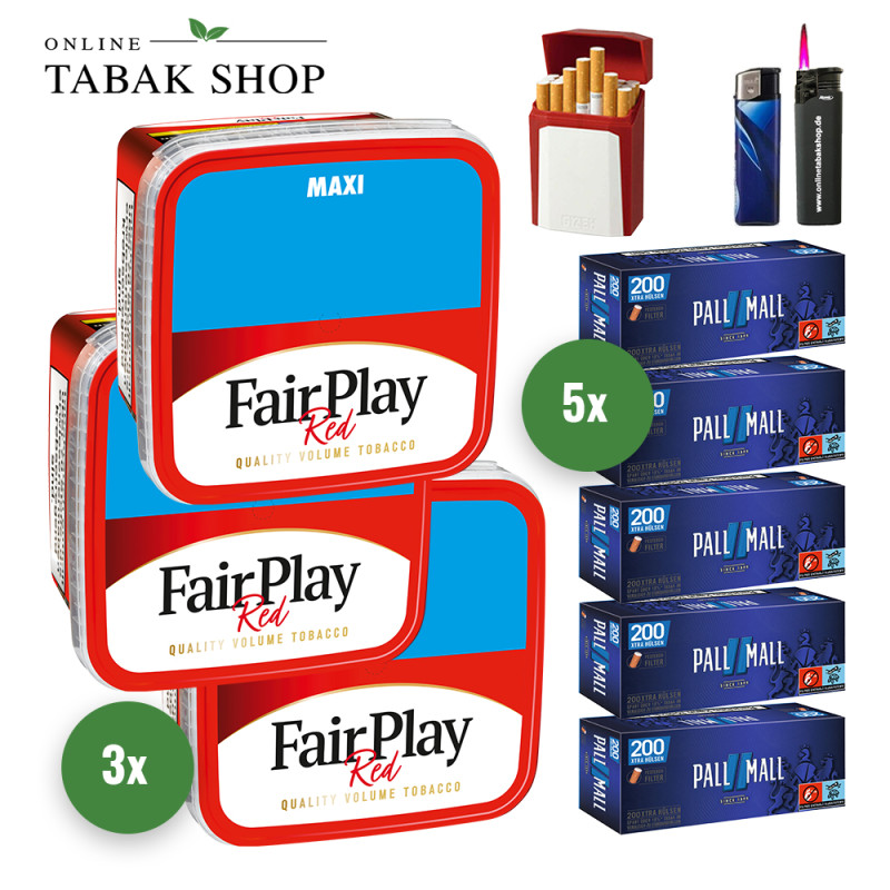 Fair Play Tabak (3 x 315g) + 1.000 Pall Mall Blue Xtra Hülsen + 1 Sturmfeuerzeug + 1 Feuerzeug + 1 Gizeh Etui