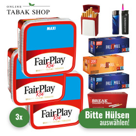 Fair Play Tabak (3 x 300g) + 1.000 Hülsen nach Wahl + 1 Sturmfeuerzeug + 1 Feuerzeug + 1 Gizeh Etui