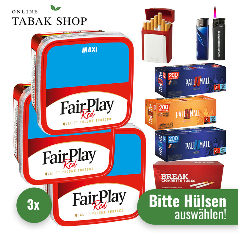Fair Play Tabak (3 x 315g) + 1.000 Hülsen nach Wahl + 1 Sturmfeuerzeug + 1 Feuerzeug + 1 Gizeh Etui