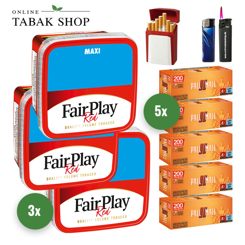 Fair Play Tabak (3 x 315g) + 1.000 Pall Mall Allround Red Xtra Hülsen + 1 Sturmfeuerzeug + 1 Feuerzeug + 1 Gizeh Etui