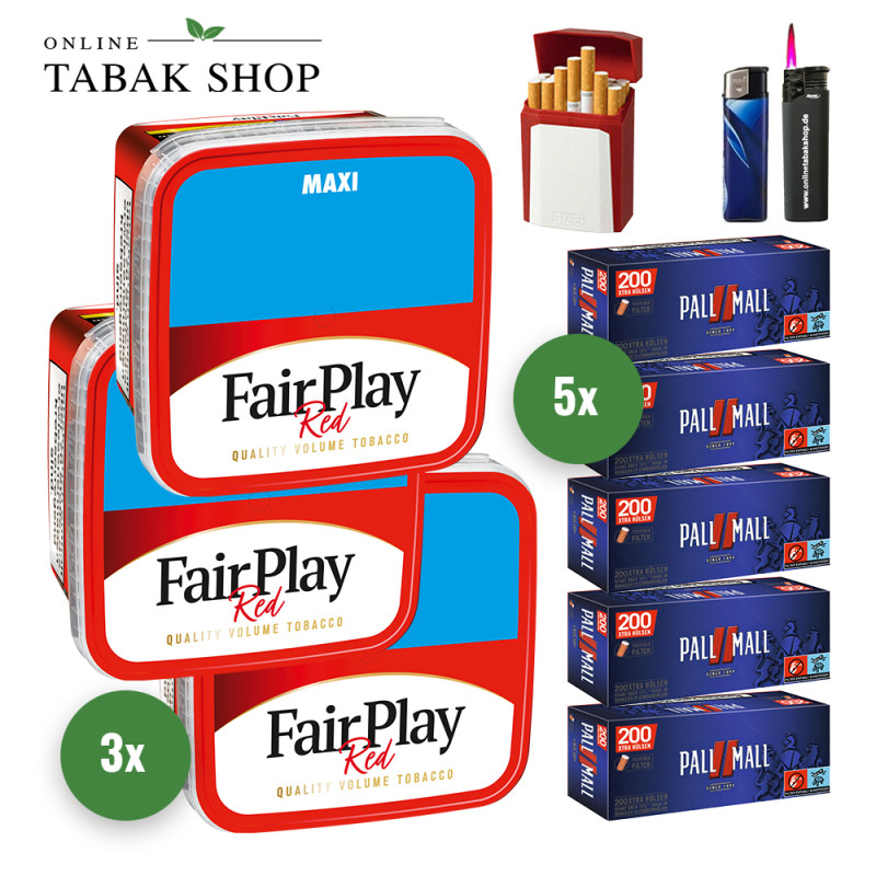 Fair Play Tabak (3 x 315g) + 1.000 Pall Mall Red Xtra Hülsen + 1 Sturmfeuerzeug + 1 Feuerzeug + 1 Gizeh Etui