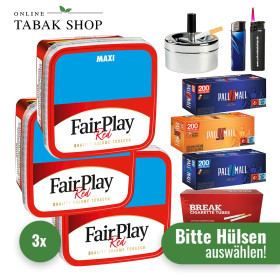 Fair Play Tabak (3 x 300g) + 1.000 Hülsen nach Wahl + 1 Sturmfeuerzeug + 1 Feuerzeug + 1 Drehascher