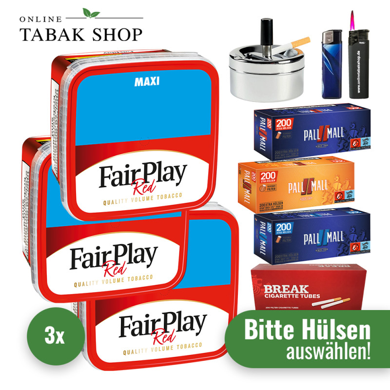 Fair Play Tabak (3 x 315g) + 1.000 Hülsen nach Wahl + 1 Sturmfeuerzeug + 1 Feuerzeug + 1 Drehascher