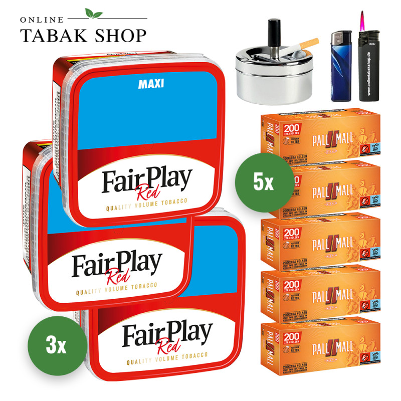 Fair Play Tabak (3 x 315g) + 1.000 Pall Mall Allround Red Xtra Hülsen + 1 Sturmfeuerzeug + 1 Feuerzeug + 1 Drehascher