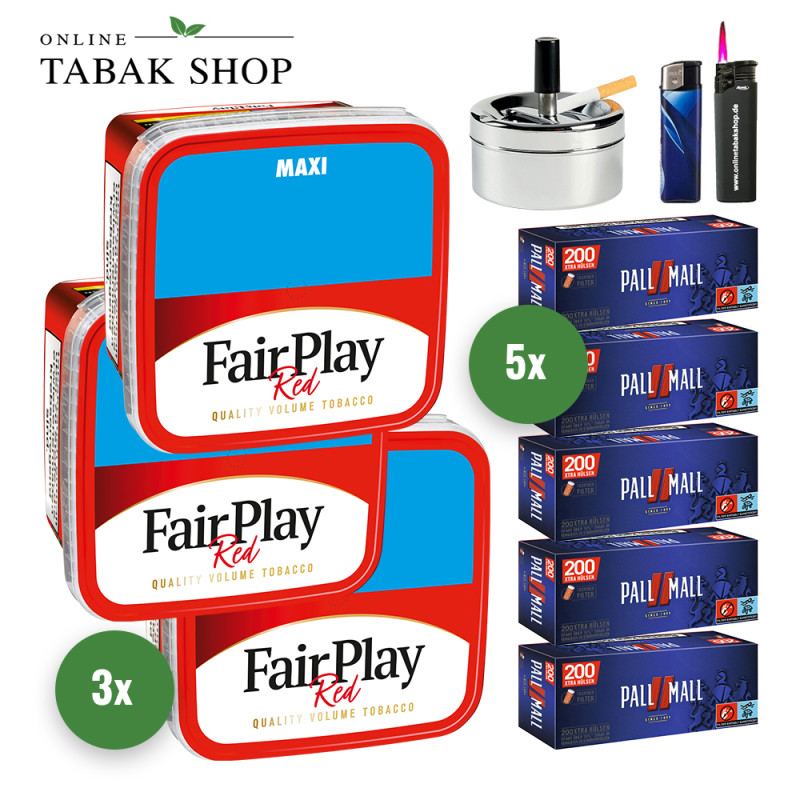 Fair Play Tabak (3 x 315g) + 1.000 Pall Mall Red Xtra Hülsen + 1 Sturmfeuerzeug + 1 Feuerzeug + 1 Drehascher