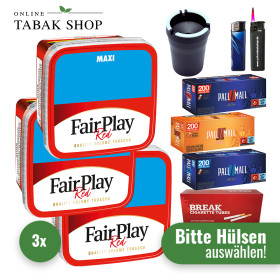 Fair Play Tabak (3 x 300g) + 1.000 Hülsen nach Wahl + 1 Sturmfeuerzeug + 1 Feuerzeug + 1 Autoascher