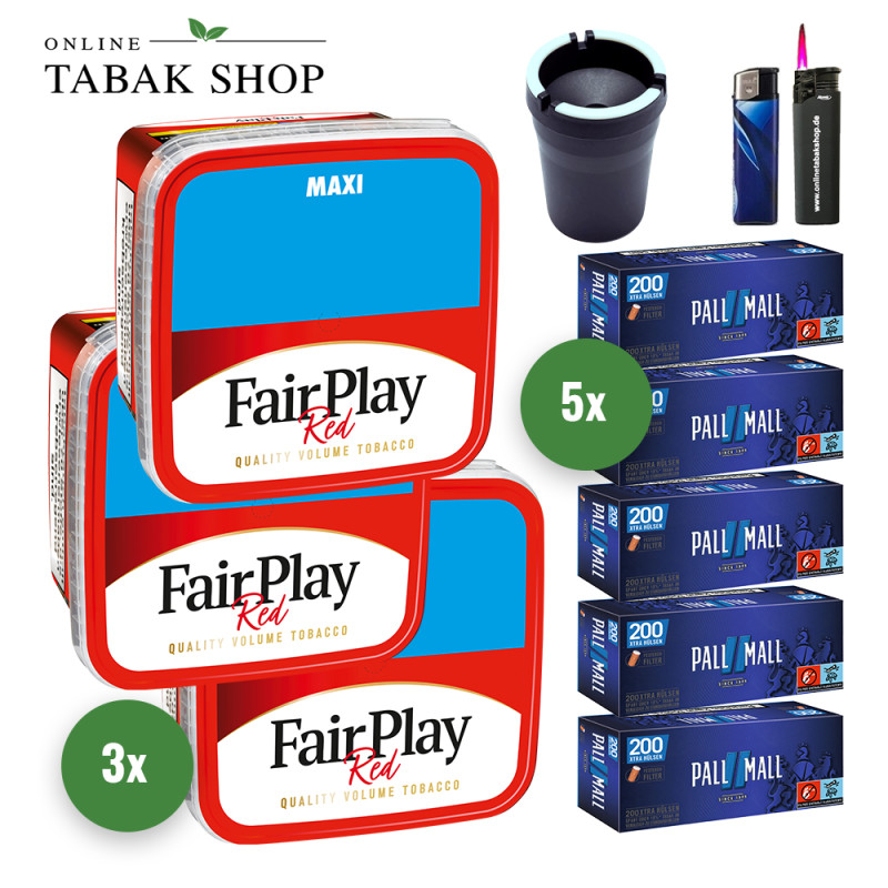 Fair Play Tabak (3 x 315g) + 1.000 Pall Mall Blue Xtra Hülsen + 1 Sturmfeuerzeug + 1 Feuerzeug + 1 Autoascher