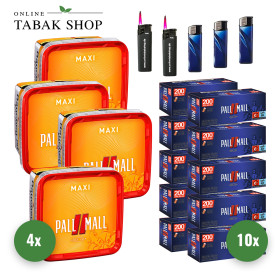 PALL MALL Tabak (4 x 310g) + 2.000 PALL MALL Red Xtra Hülsen + 3 Feuerzeuge + 2 Sturmfeuerzeuge