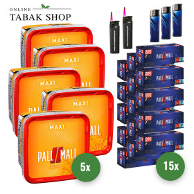 Pall Mall Red Giga Box Volumentabak (5 x 310g) + 3.000 Pall Mall Red Xtra Hülsen + 3 Feuerzeuge + 2 Sturmfeuerzeuge