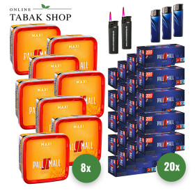 Pall Mall Volumentabak (8x 310g), 4.000 Pall Mall Red Xtra Hülsen, 3 Feuerzeuge, 2 Sturmfeuerzeuge
