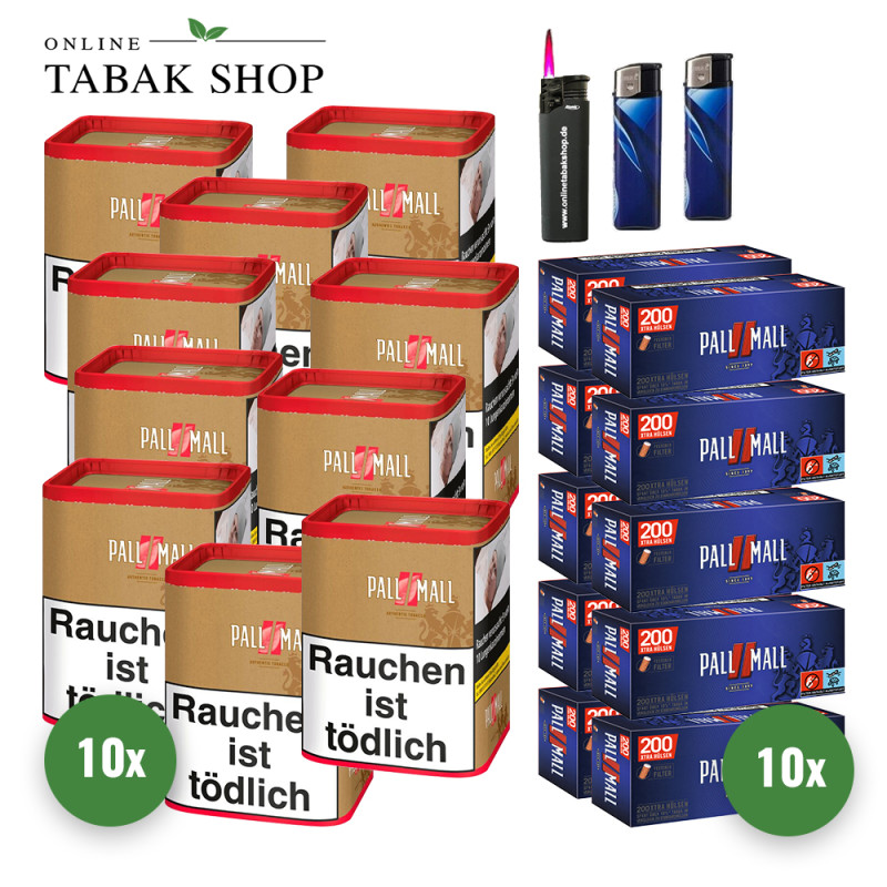 10x PALL MALL Authentic Red XL Tabak 71g Dose + 2000 PALL MALL Red Xtra Hülsen + 2 Feuerzeuge + 1 Sturmfeuerzeug
