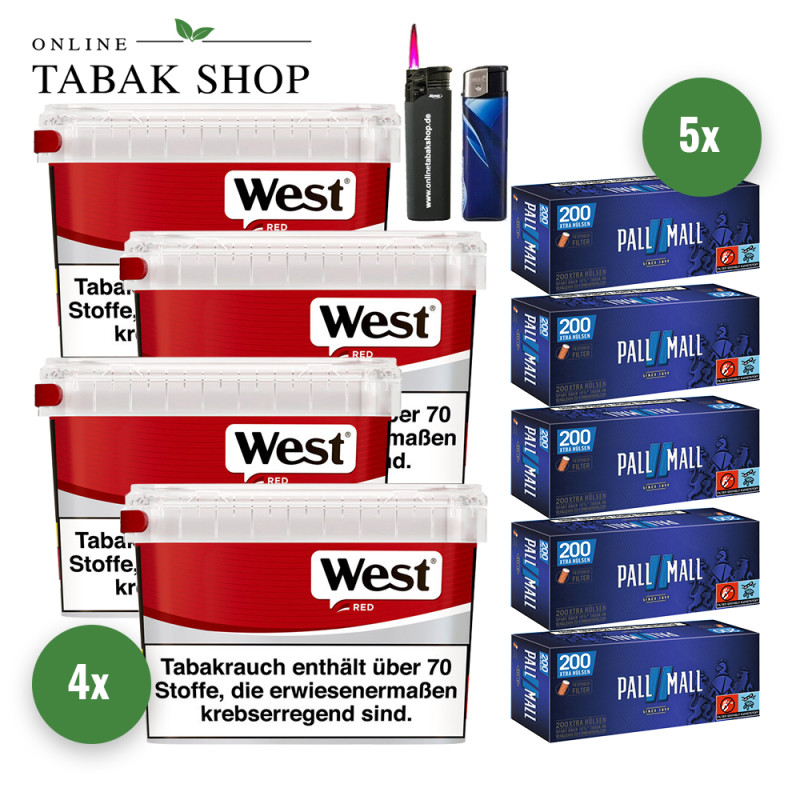 West Red Tabak (4 x 109g) Eimer + 1.000 Pall Mall Blue Xtra Hülsen + 1 Sturmfeuerzeug + 1 Feuerzeug