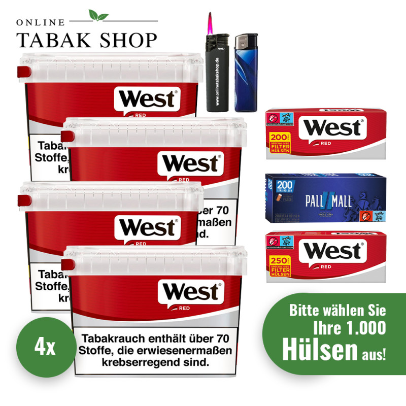 West Red Tabak (4 x 115g) Eimer + 1.000 Hülsen (wählbar) + 1 Sturmfeuerzeug + 1 Feuerzeug