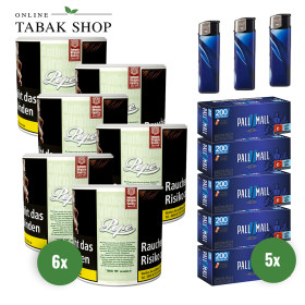 Pepe Bright Green Tabak (6 x 80g) + 1.000 Pall Mall Blau Xtra Hülsen + 3 Feuerzeuge