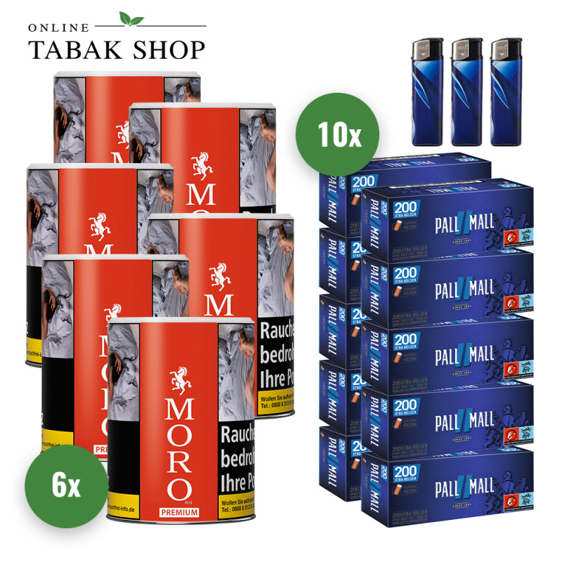 Moro Rot Tabak (6 x 130g) + 2.000 Pall Mall Blau Xtra Hülsen + 3 Feuerzeuge