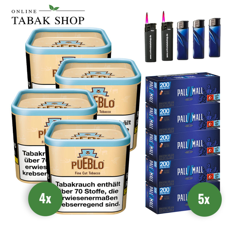 Pueblo Classic Fine Cut Tabak (4x 100g) + 1.000 Pall Mall Blue Xtra Hülsen + 2 x Sturmfeuerzeuge + 3 x Feuerzeuge