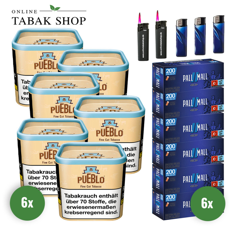 Pueblo Classic Fine Cut Tabak (6 x 100g) + 1.200 Pall Mall Blau Xtra Hülsen + 2 Sturmfeuerzeuge + 3 Feuerzeuge