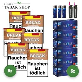 6x Break Authentic Volumentabak ohne Zusätze 55g + 1000 Pall Mall Blue Xtra Hülsen + 3 Feuerzeuge + 2 Sturmfeuerzeuge