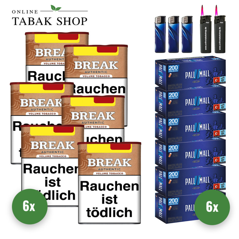 Break Authentic Volumentabak ohne Zusätze (6 x 57g) + 1.000 Pall Mall Blue Xtra Hülsen + 3 Feuerzeuge + 2 Sturmfeuerzeuge