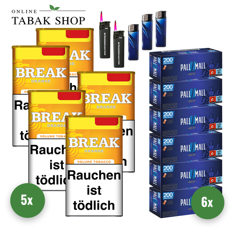 BREAK Orange Tabak (5 x 85g) + 1.200 PALL MALL Blue Hülsen + 3 Feuerzeuge + 2 Sturmfeuerzeuge