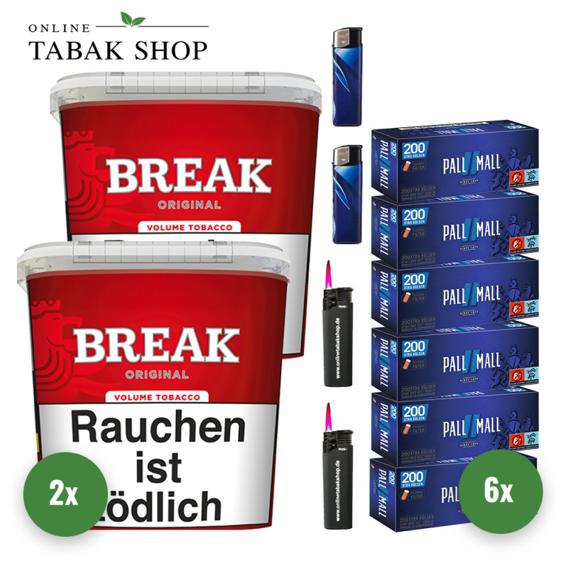 2x BREAK Tabak Rot 185g Eimer + 1200 PALL MALL Blau Xtra Hülsen + 2 Feuerzeuge + 2 Sturmfeuerzeuge