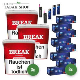 3x BREAK Tabak Rot 185g Eimer + 1600 PALL MALL Blau Xtra Hülsen + 3 Feuerzeuge + 2 Sturmfeuerzeuge