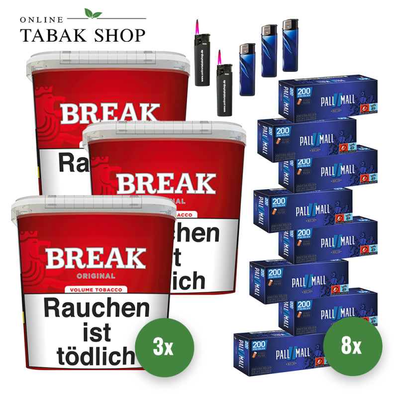 3x BREAK Tabak Rot 185g Eimer + 1600 PALL MALL Blau Xtra Hülsen + 3 Feuerzeuge + 2 Sturmfeuerzeuge