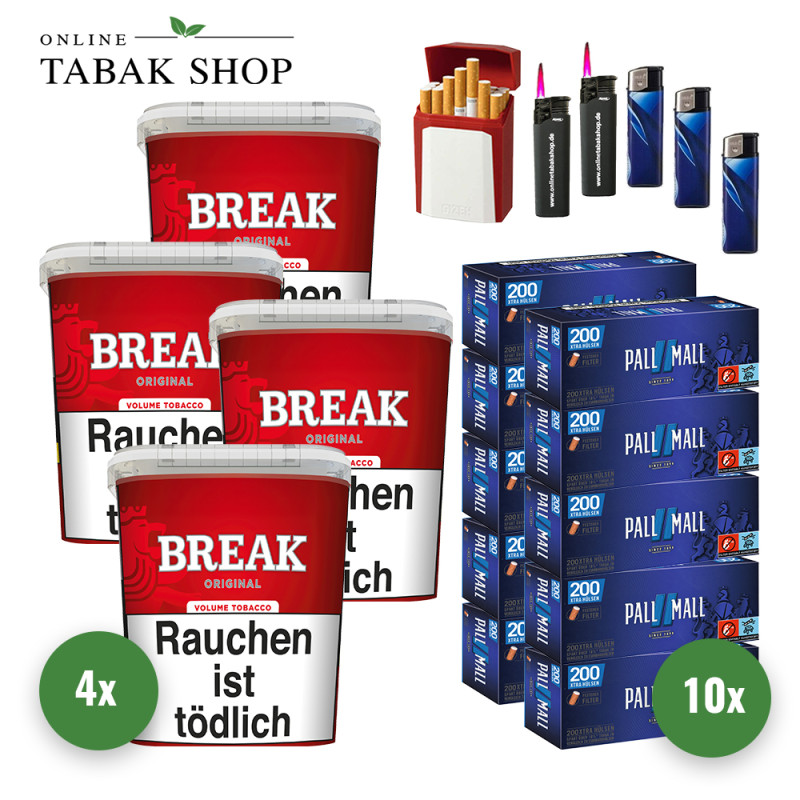 4x BREAK Tabak Rot 185g Eimer + 2000 PALL MALL Blau Xtra Hülsen + 3 Feuerzeuge + 2 Sturmfeuerzeuge + 1 GIZEH Etui