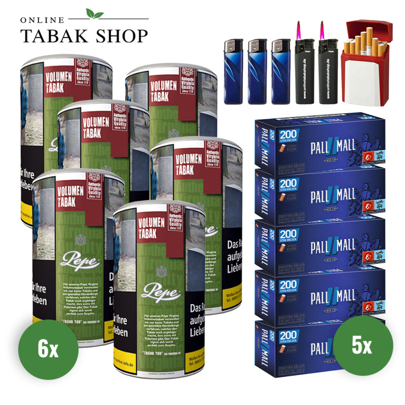Pepe Rich Green Volumen Tabak (6 x 83g) + 1.000 Pall Mall Blue Xtra Hülsen + 3 Feuerzeuge + 2 Sturmfeuerzeuge + 1 GIZEH Etui