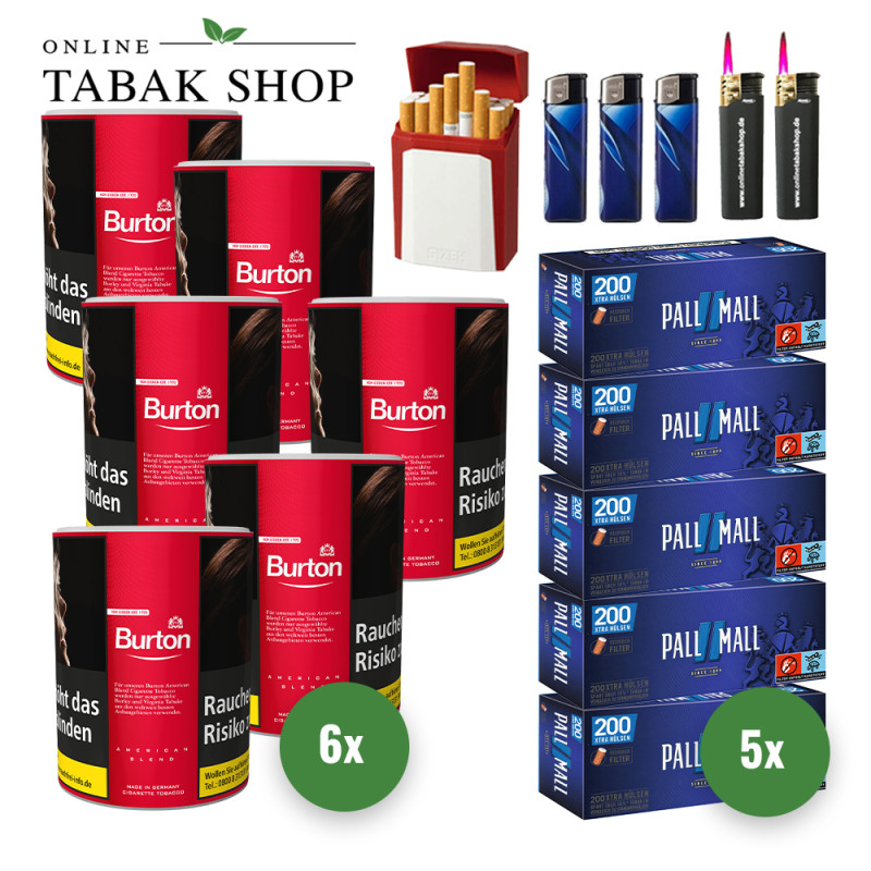 Burton Red Zigaretten Tabak (6 x 120g) + 1.000 Pall Mall Blue Xtra Hülsen + 3 Feuerzeuge + 2 Sturmfeuerzeuge +1 GIZEH Etui