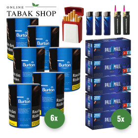 Burton Blue Zigaretten Tabak (6 x 120g) + 1.000 Pall Mall Blue Xtra Hülsen + 3 Feuerzeuge + 2 Sturmfeuerzeuge +1 GIZEH Etui