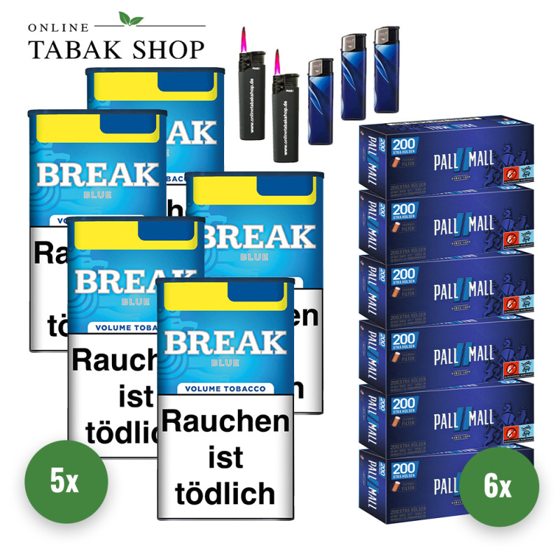 Break Blau / Blue Volumentabak (5 x 85g) + 1.200 Pall Mall Blue Xtra Hülsen + 3 Feuerzeuge + 2 Sturmfeuerzeuge