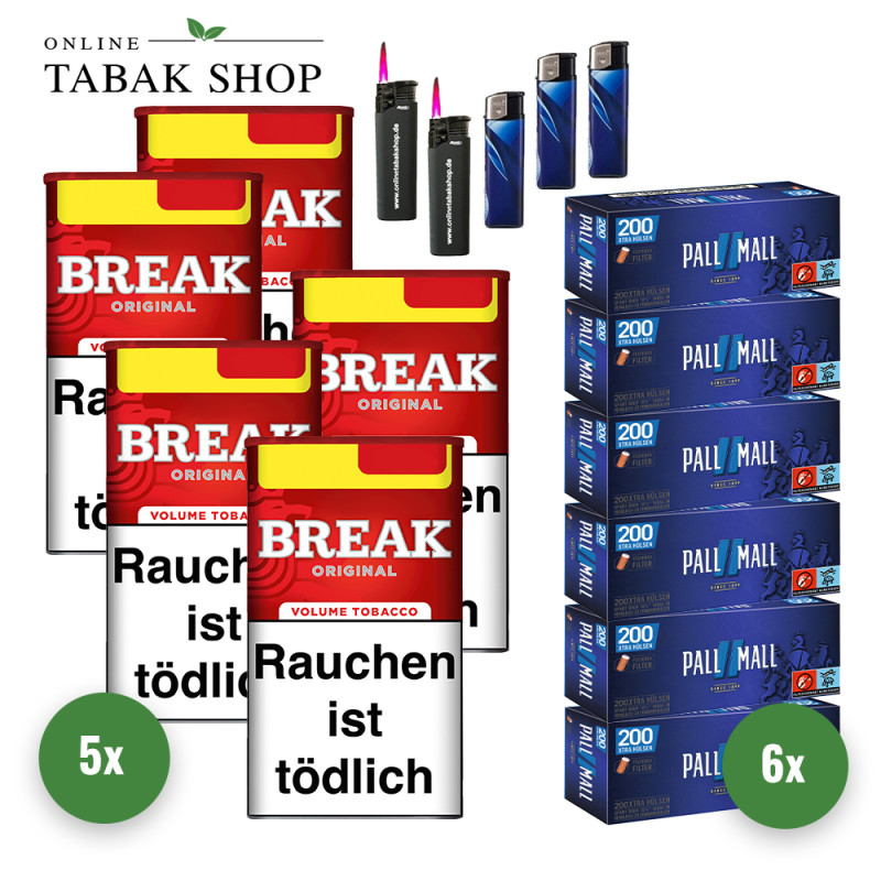 BREAK Original Tabak (5 x 85g) + 1.200 PALL MALL Blue Hülsen + 2 Sturmfeuerzeuge + 3 Feuerzeuge