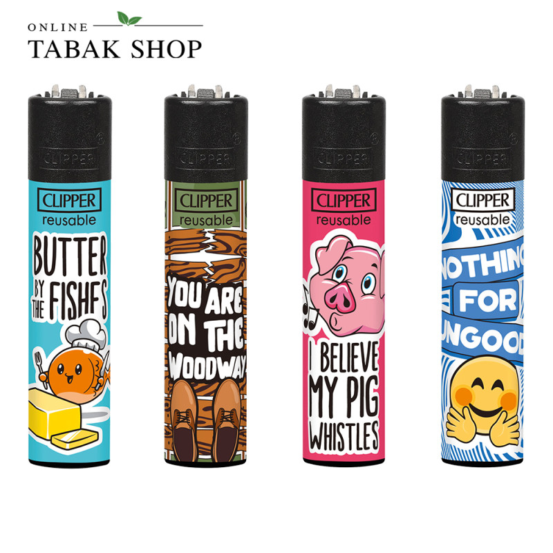 Clipper Classic Motivfeuerzeuge – DENGLISH v9 Komplettset (4er-Pack)