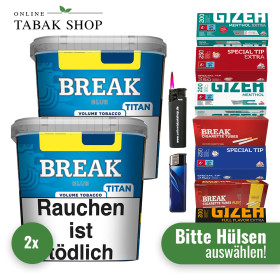 2x Break Blue Tabak Eimer 300g + 1000 Hülsen (Sorte wählbar) + 1 Sturmfeuerzeug + 1 Feuerzeug